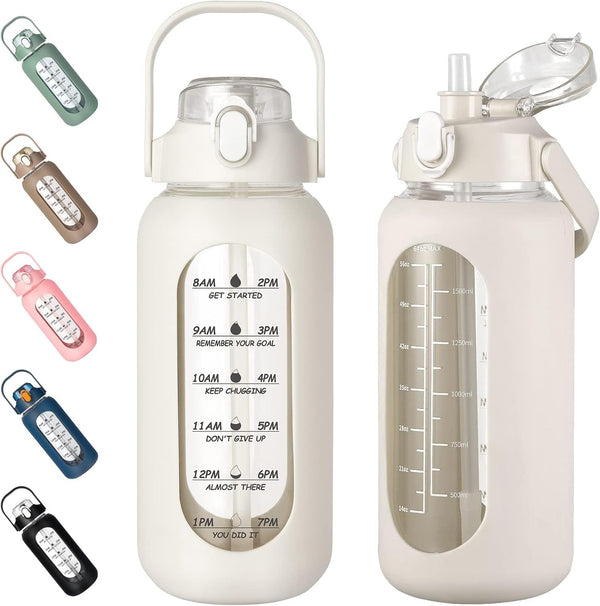 4oz Glass Water Bottles with Straw, Half Gallon Motivational Glass Bottle with Silicone Sleeve and Time Marker, 2L Leakproof Large Glass Water Jug for Gym Home Office,